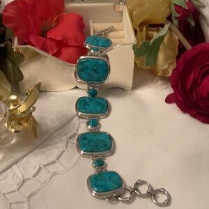 NEW WITHOUT TAGS 925 STERLING SILVER TURQUOISE LINK BRACELET 8”